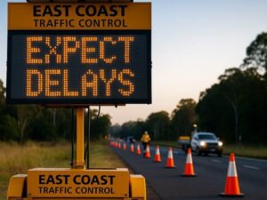 East Coast Traffic Control VMS board displaying clear roadwork messaging on a regional road in Queensland or NSW